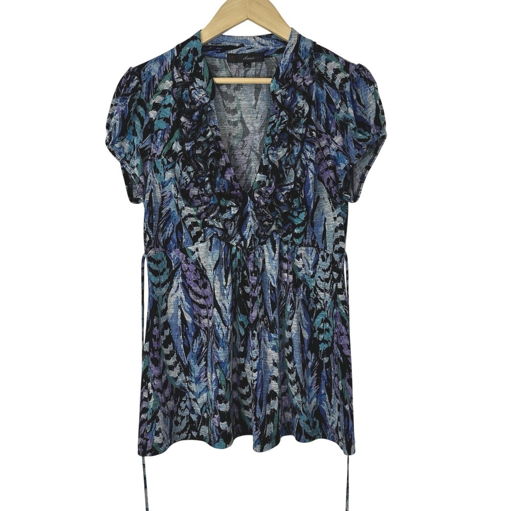 Heart Soul Y2K 90s Ruffle V-Neck Top XL Abstract Print Purple Blue Black Stretch